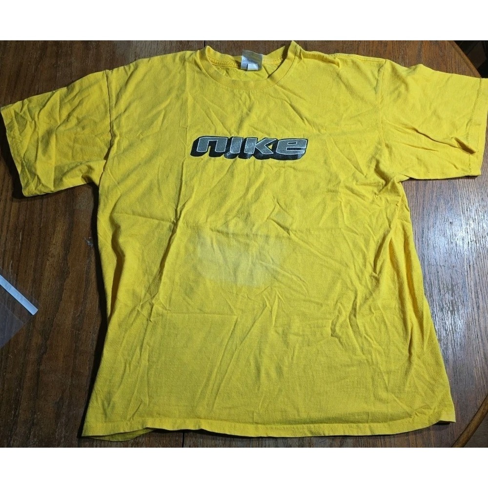 Vintage Nike T Shirt Mens Large Yellow Spell‎ Out 3D 90's Center Hit